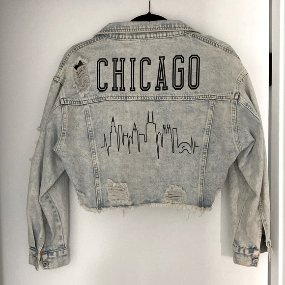 Brand New Denim Chicago Printed Cropped Denim Jacket-One of a Kind - Picture 1 of 6